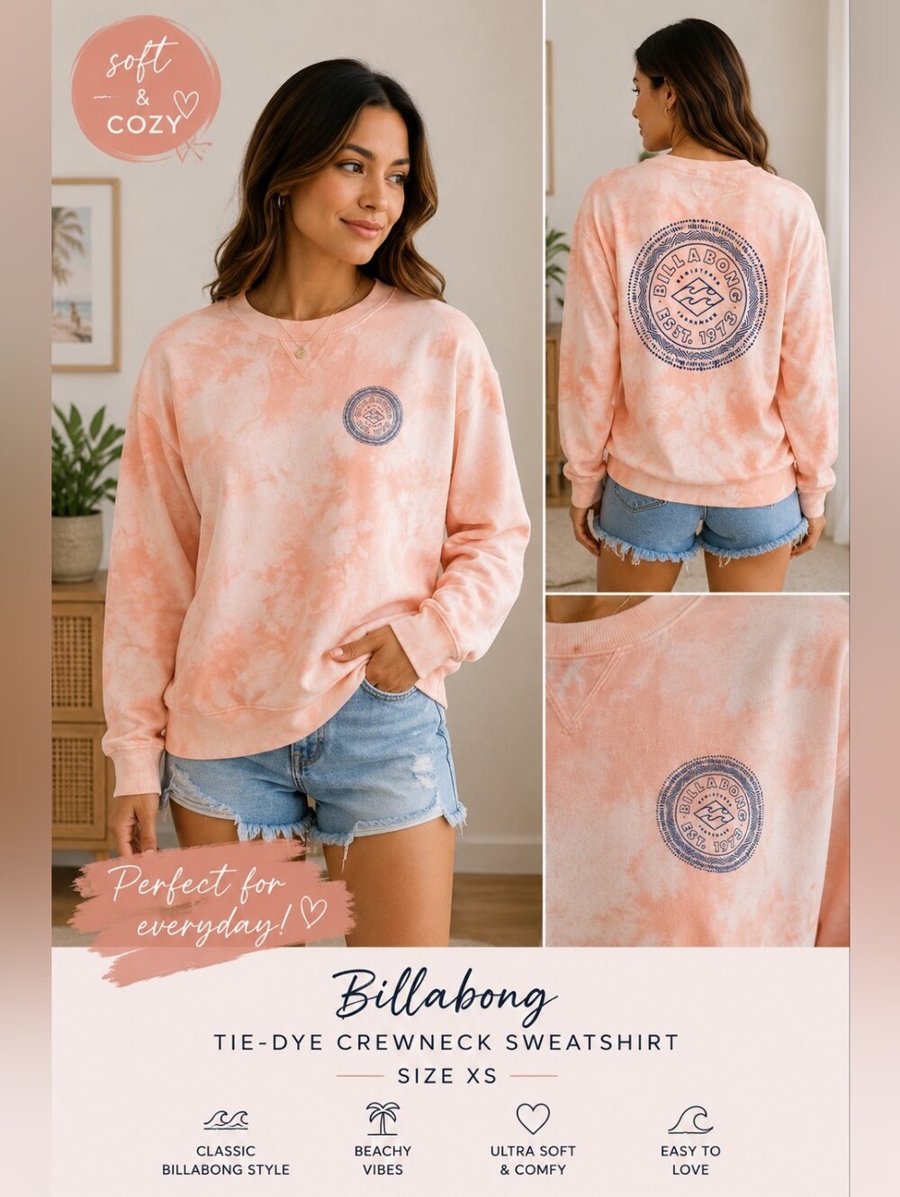 Billabong Peach Tie-Dye Crewneck Sweatshirt – XS